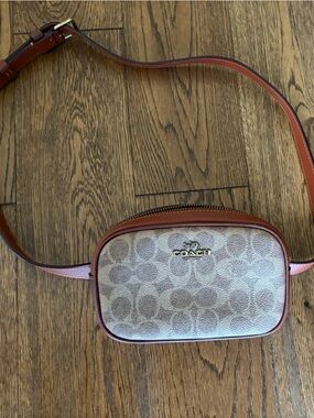 Coach Tan Signature Canvas Waist bag with Brown Leather Trim